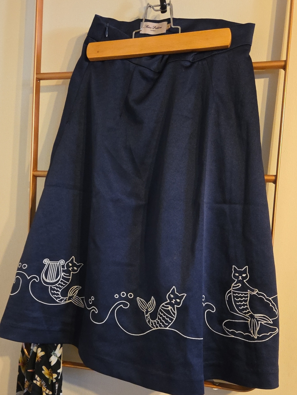 Miss Patina Navy Blue Embroidered Mermaid Cat A-Line Skirt